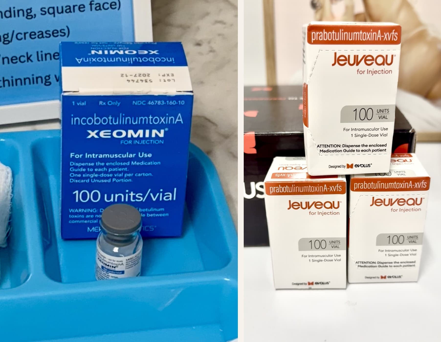 Xeomin and Jeuveau neuromodulator packaging side by side